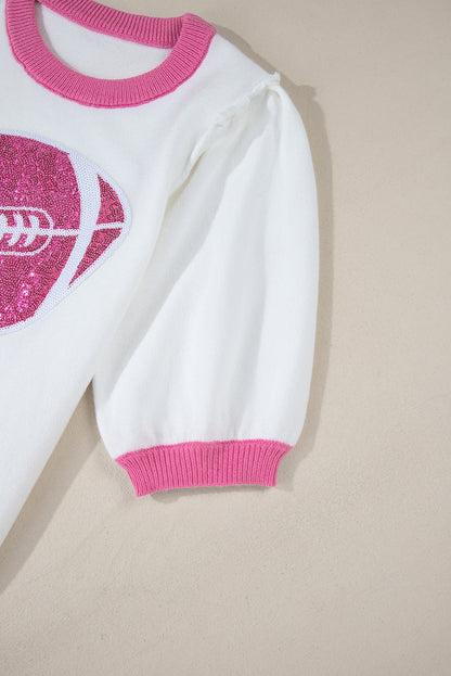 Sequin Rugby Colour Block Puff Short Sleeve Sweater | Pink