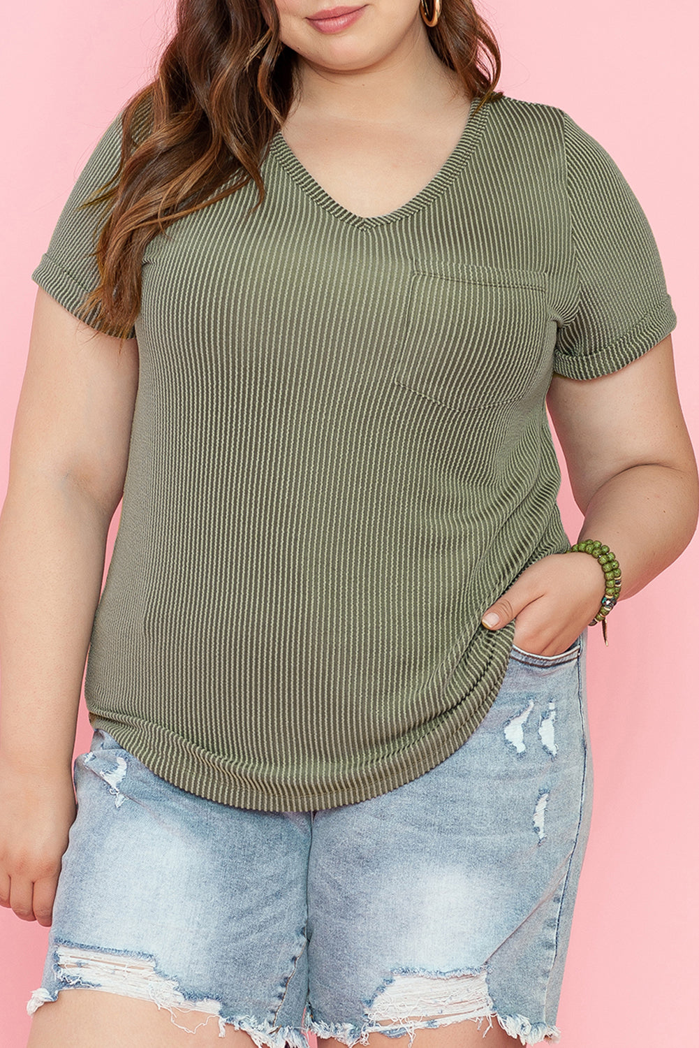 Plus Size Corded V Neck Patch Pocket Tee | Meadow Mist Green