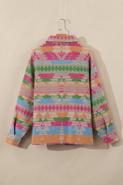 Plus Size Aztec Printed Flap Pocket Shacket | Pink