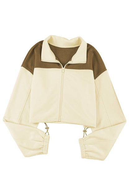 Colour Block Drawstring Cropped Athleisure Jacket | Beige