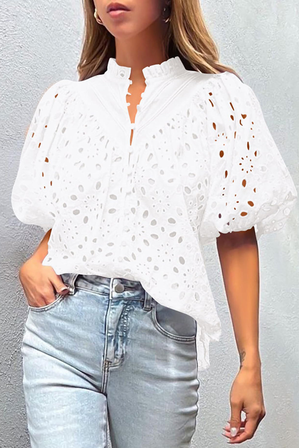 Flower Embroidered Hollow-Out Puff Sleeve Blouse | White