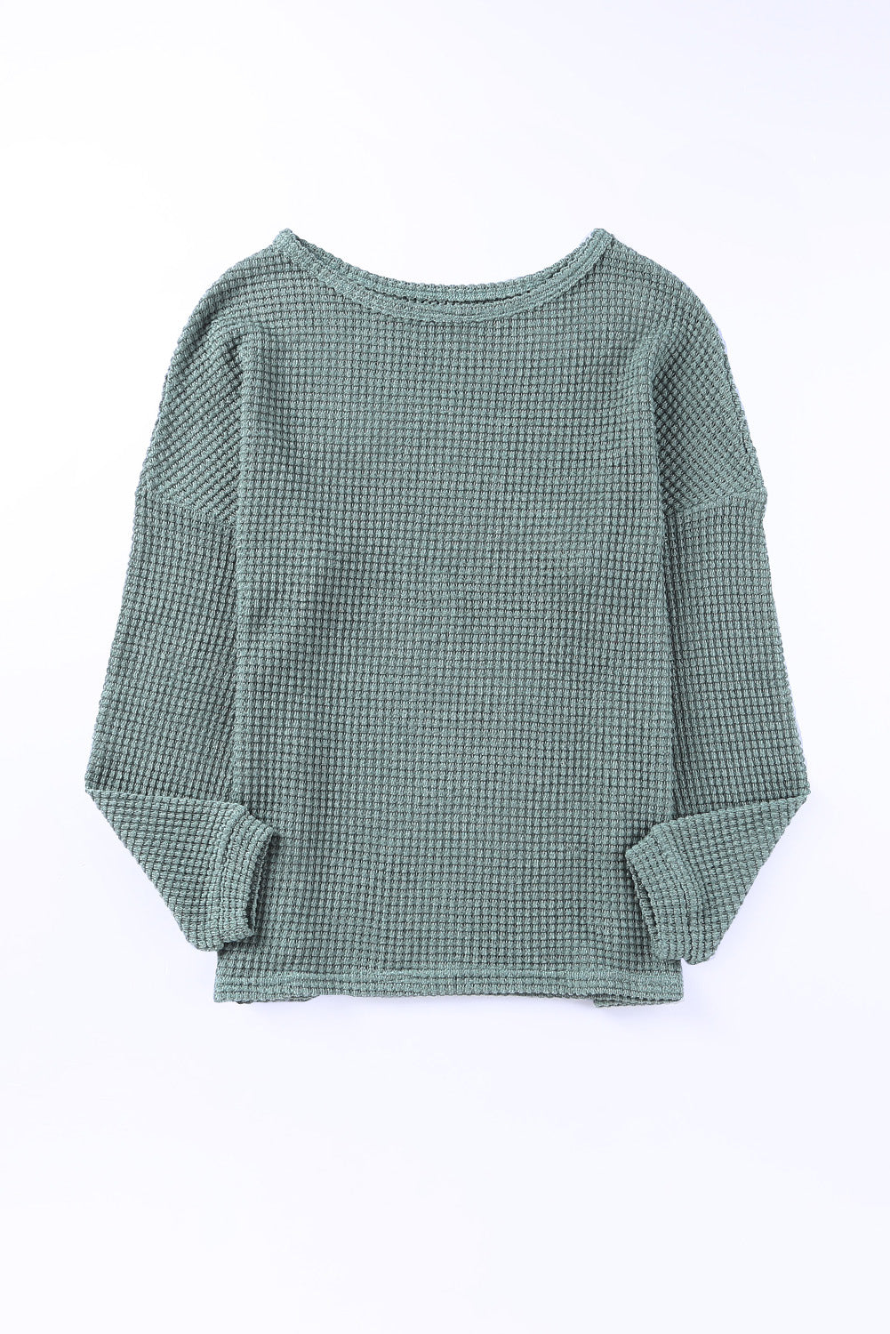 Waffle Knit Drop Shoulder Long Sleeve Top | Green