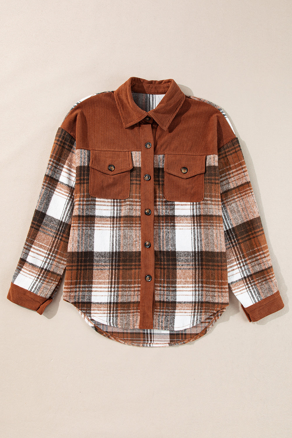 Plaid Corduroy Patchwork Chest Pocket Shacket | Cinnamon