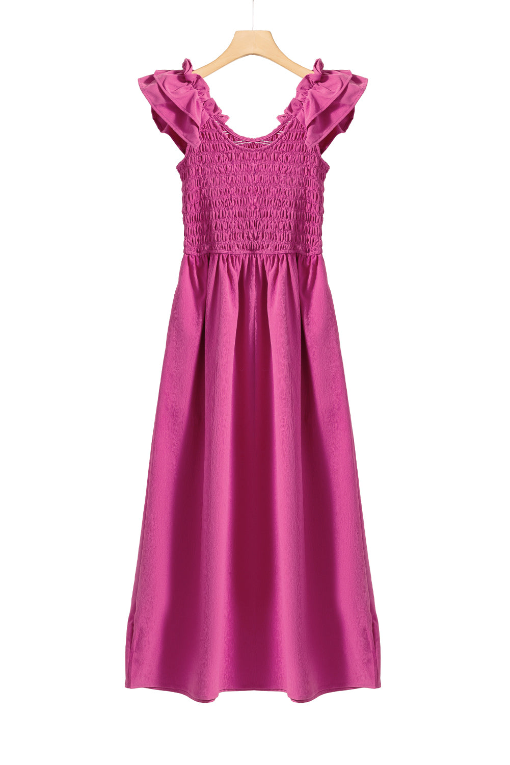 Solid Colour Ruffled Straps Smocked Ruched Maxi Dress | Rose Red