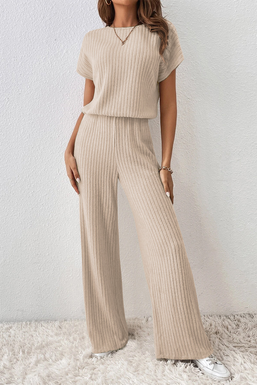 Solid Colour Ribbed Short Sleeve Wide Leg Jumpsuit | Parchment