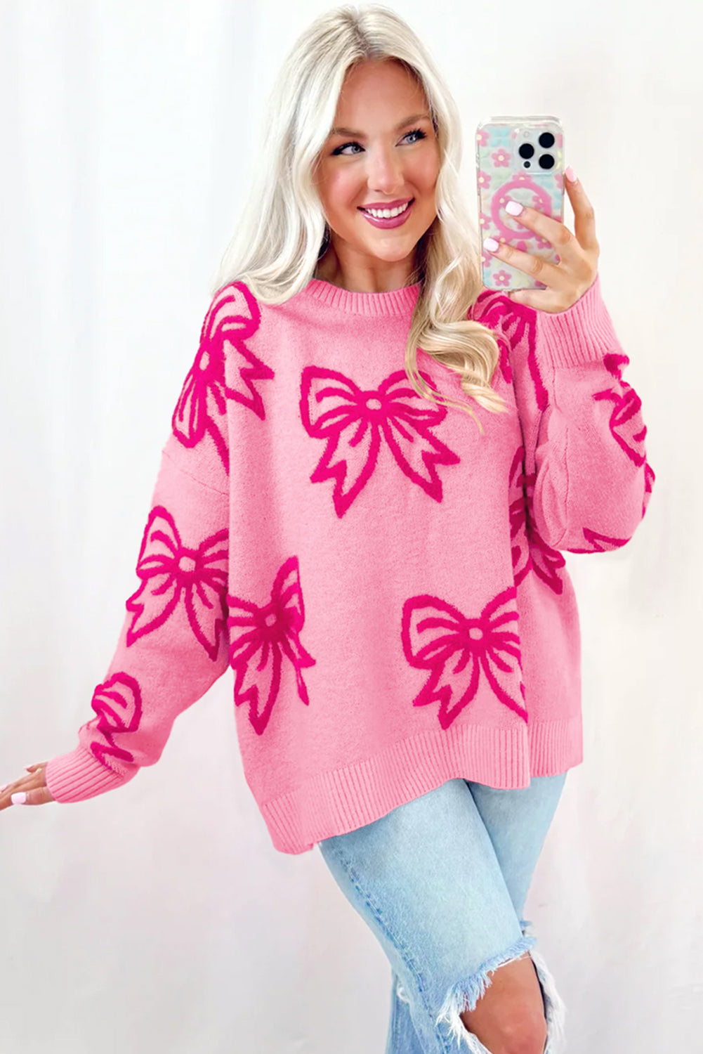 Bow Pattern Drop Shoulder Loose Sweater | Pink