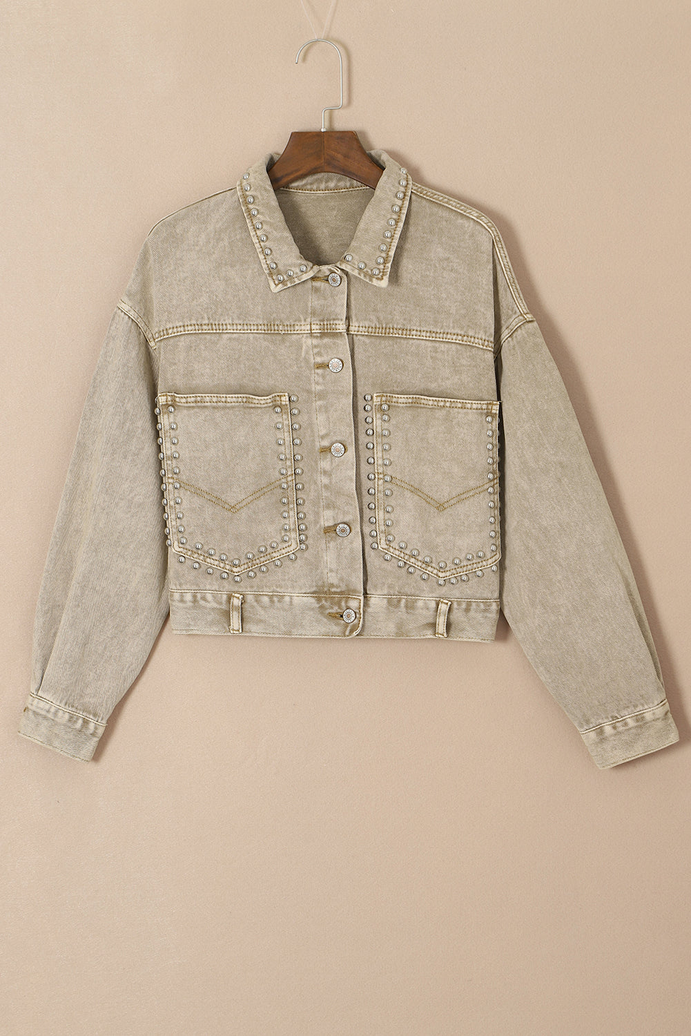 Light French Beige Rivet Studded Pocketed Denim Jacket | Flaxen