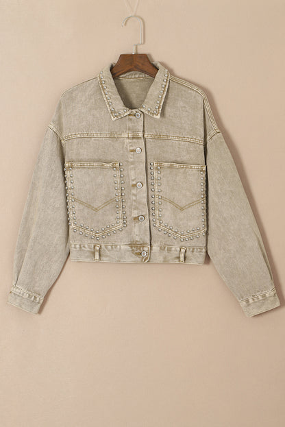 Light French Beige Rivet Studded Pocketed Denim Jacket | Flaxen