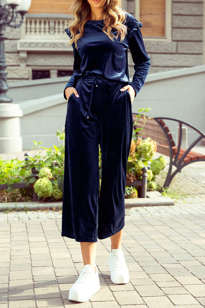 Solid Velvet Ruffled Two Piece Pants Set | Navy Blue