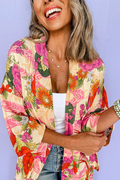 Floral Allover Print Open Front Belted Duster Kimono | Pink