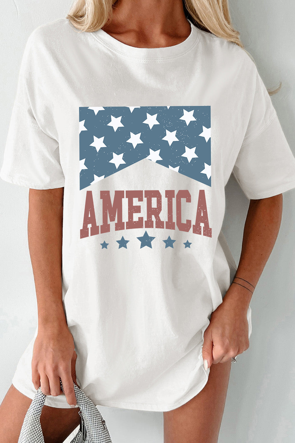 America Stars Print Round Neck Oversized T Shirt | White