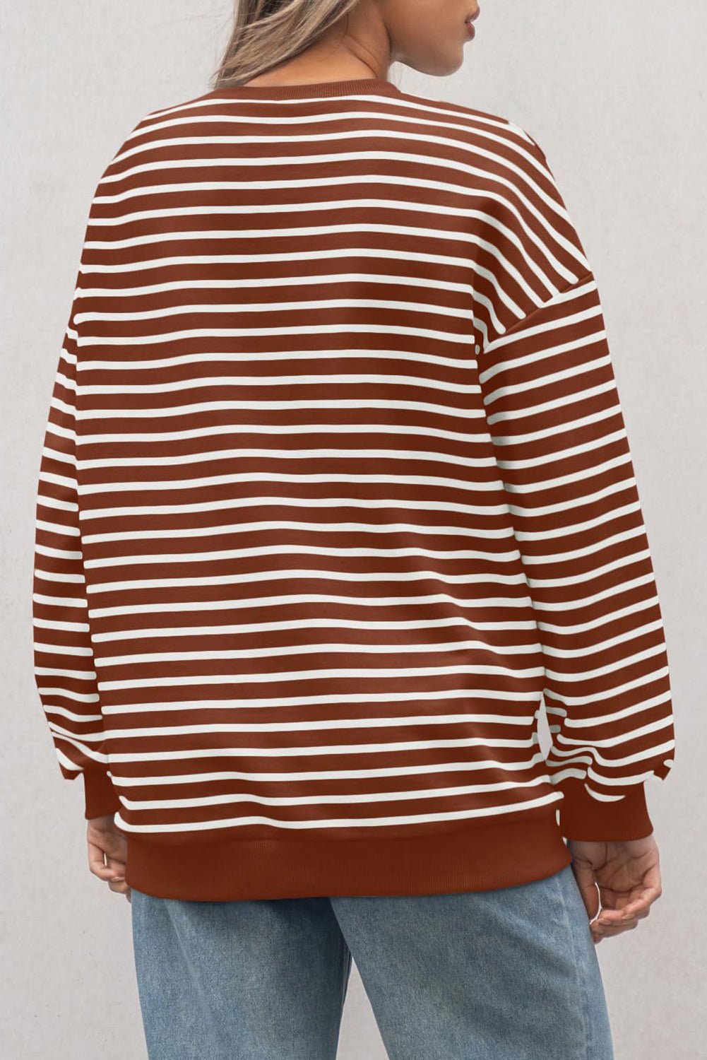 Striped Long Sleeve Round Neck Loose Top | Coffee