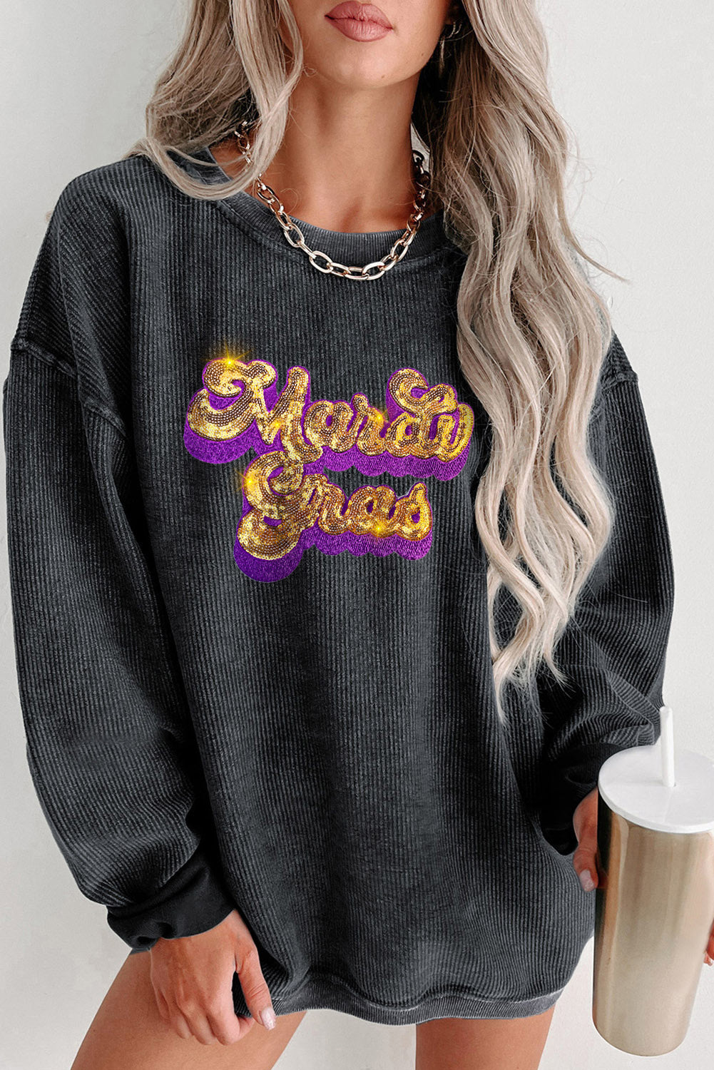 Black Sequin Mardi Gras Embroidered Pullover Sweatshirt