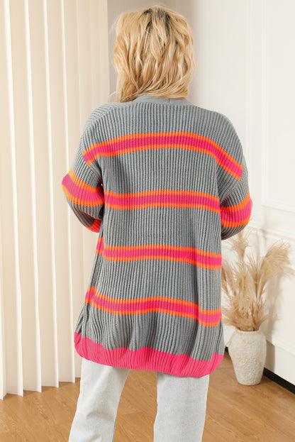 Stripe Printed Ribbed Long Knitted Cardigan | Medium Grey