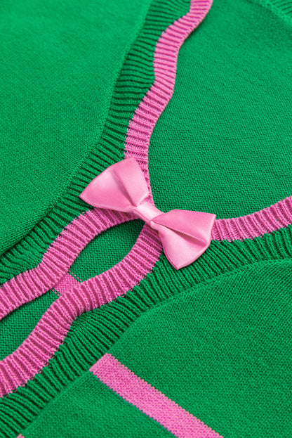 Ribbon Cute Bow Detail Sweater Knit Cardigan | Green Stripe