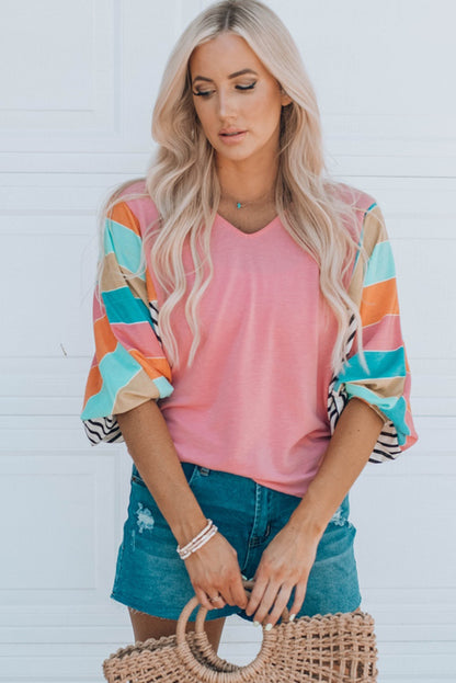 Stripe Colour Block Bubble Sleeve Top | Pink