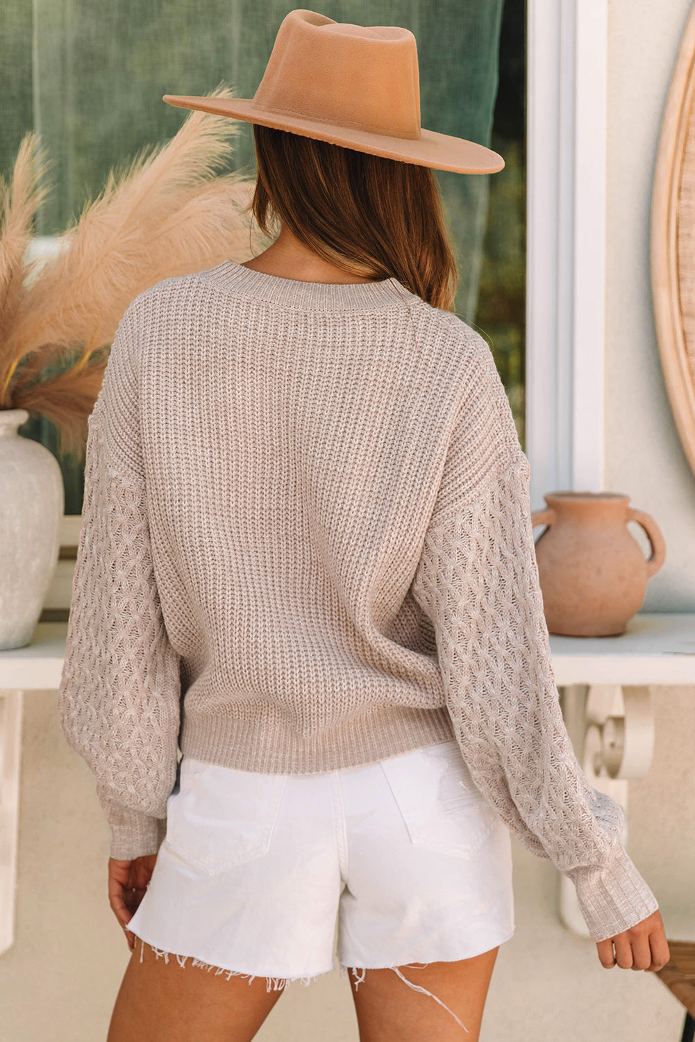 Cable Knit Sleeve Drop Shoulder Sweater | Parchment