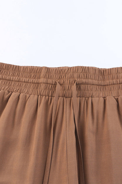 Drawstring Elastic Waist Casual Wide Leg Pants | Brown