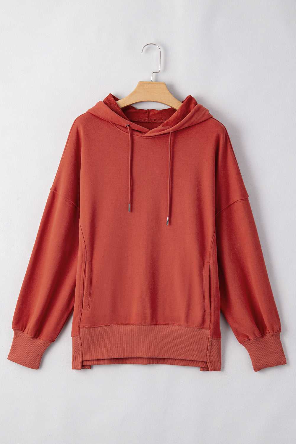 Drop Shoulder Pocketed Baggy Drawstring Hoodie | Red Clay