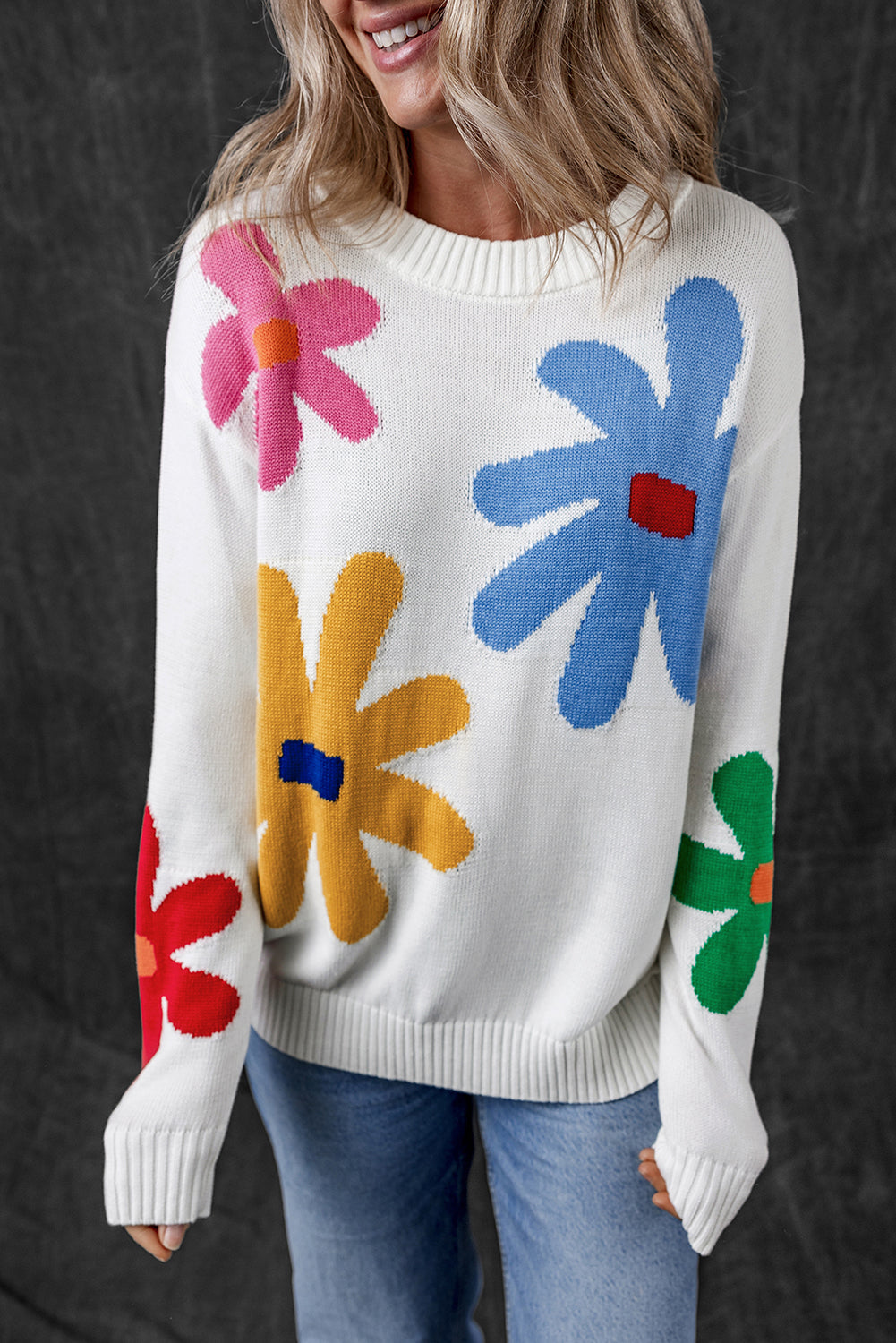 Colourful Big Flower Pattern Crewneck Sweater | White