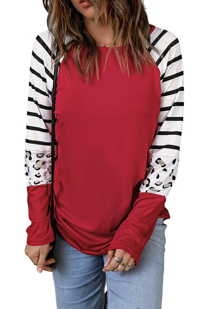 Striped Animal Print Colourblock Long Sleeve Top | Red