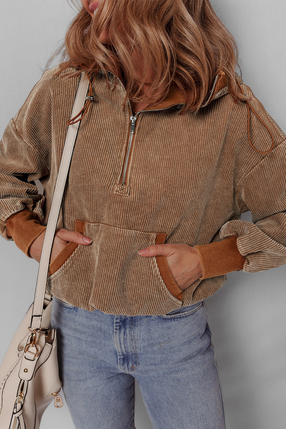 Half Zipper Kangaroo Pocket Drawstring Corduroy Hoodie | Chestnut