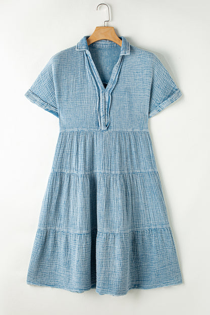 Mineral Wash Crinkle Split Neck Raw Hem Tiered Dress | Beau Blue