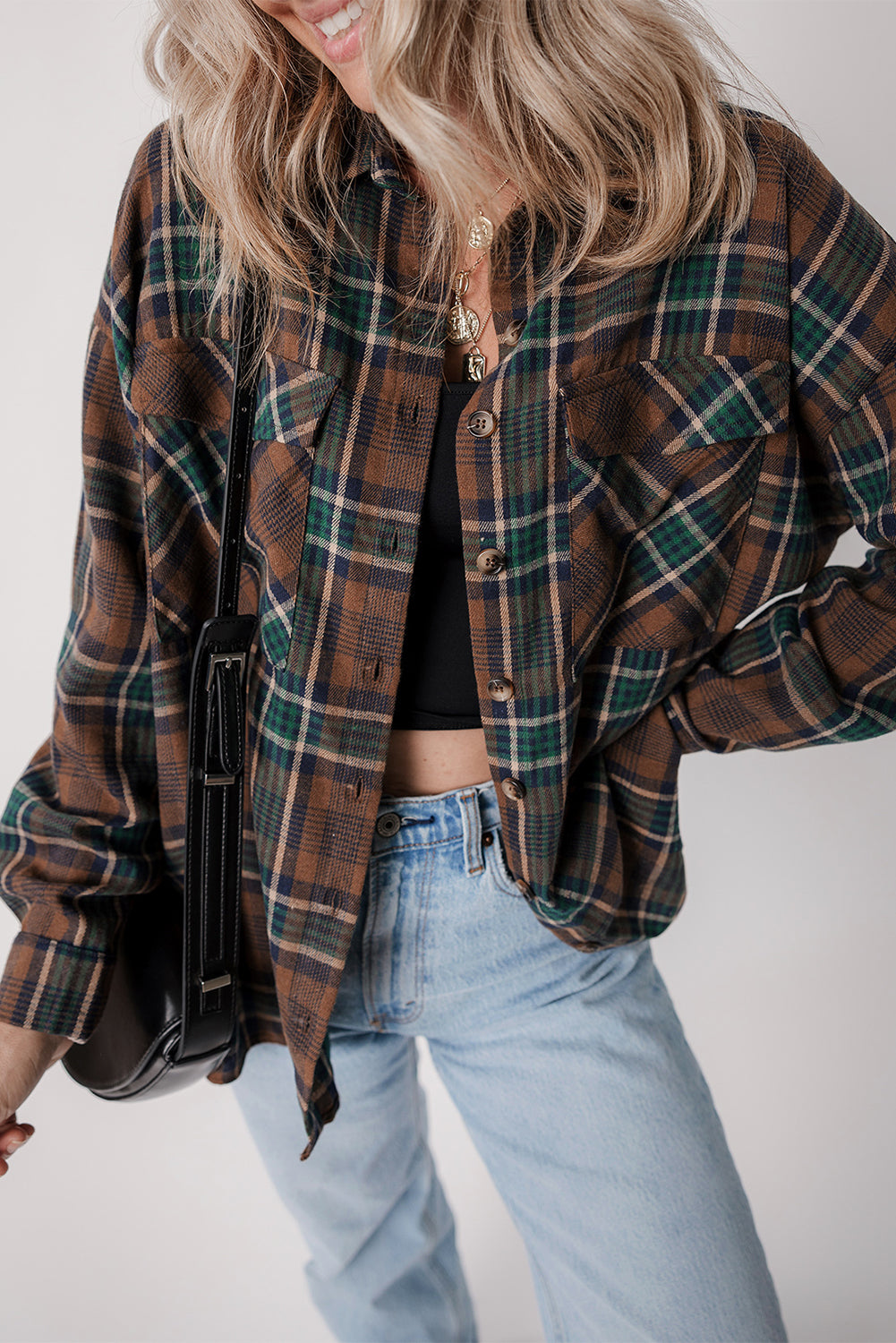 Plaid Print Chest Pockets Buttoned Shirt Jacket | Brown