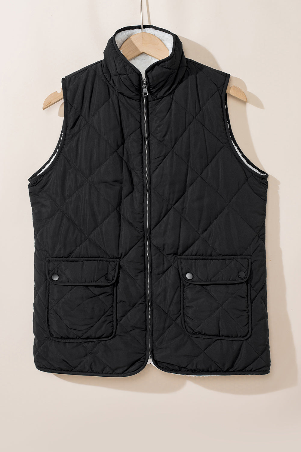 Fleece Lined Quilted Zip Up Vest Coat | Black