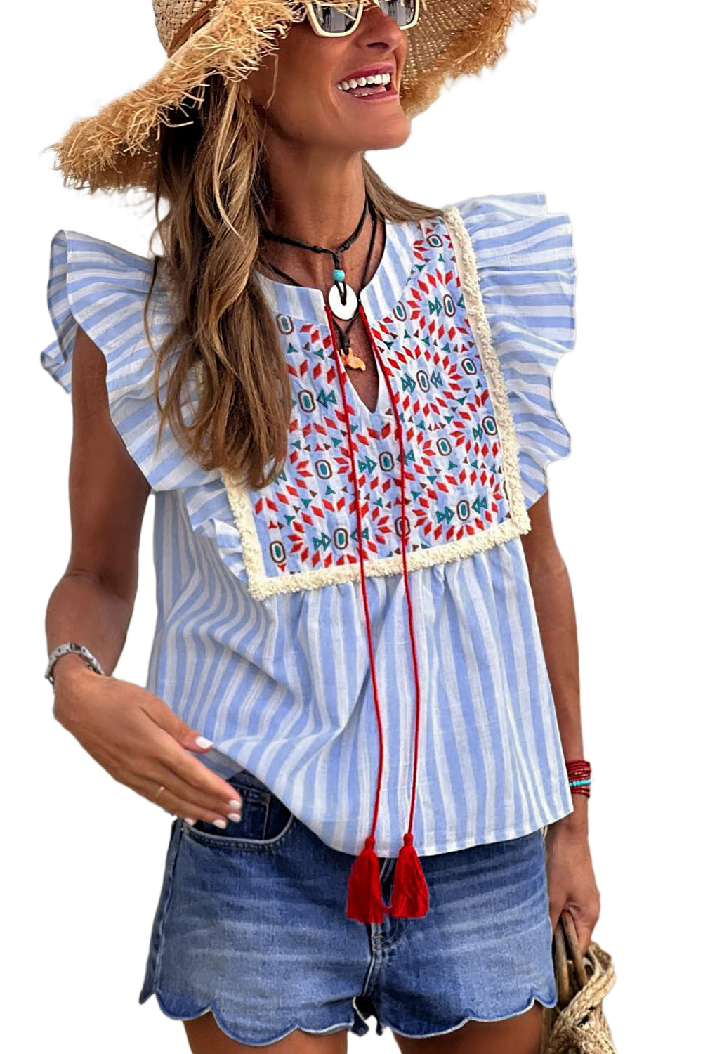 Geo Pattern Embroidered Tassel Flutter Blouse | Sky Blue Stripe