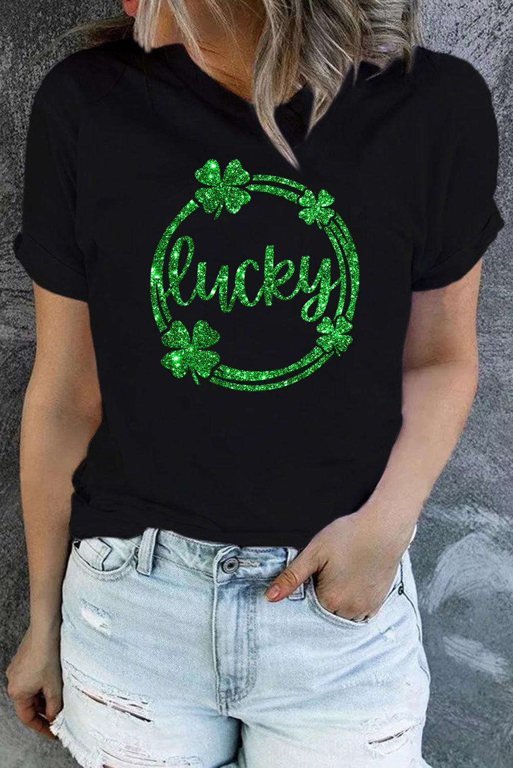 St Patrick Sequin Lucky Clover Print Short Sleeve T-Shirt | Black