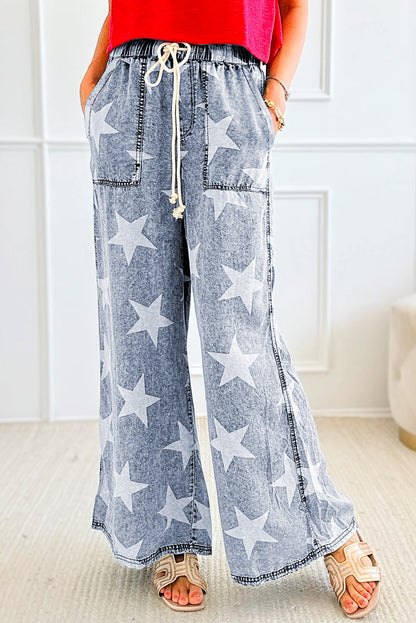 Star Print Light Wash Drawstring High Waist Wide Leg Jeans | Light Blue