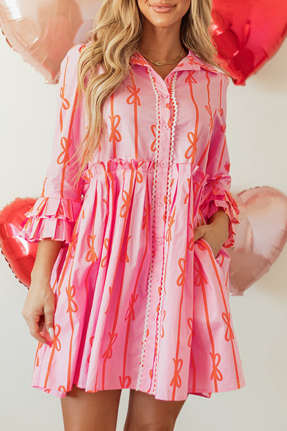 Bowknot Striped Printed Tiered Ruffled Mini Shirt Dress | Pink