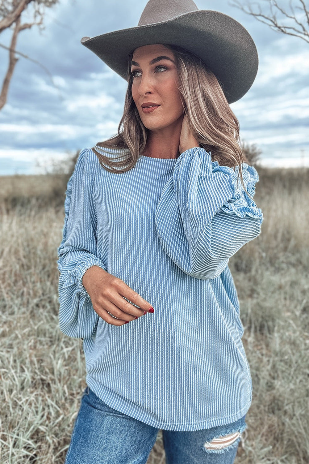 Corded Frilly Puff Sleeve Round Neck Blouse | Mist Blue