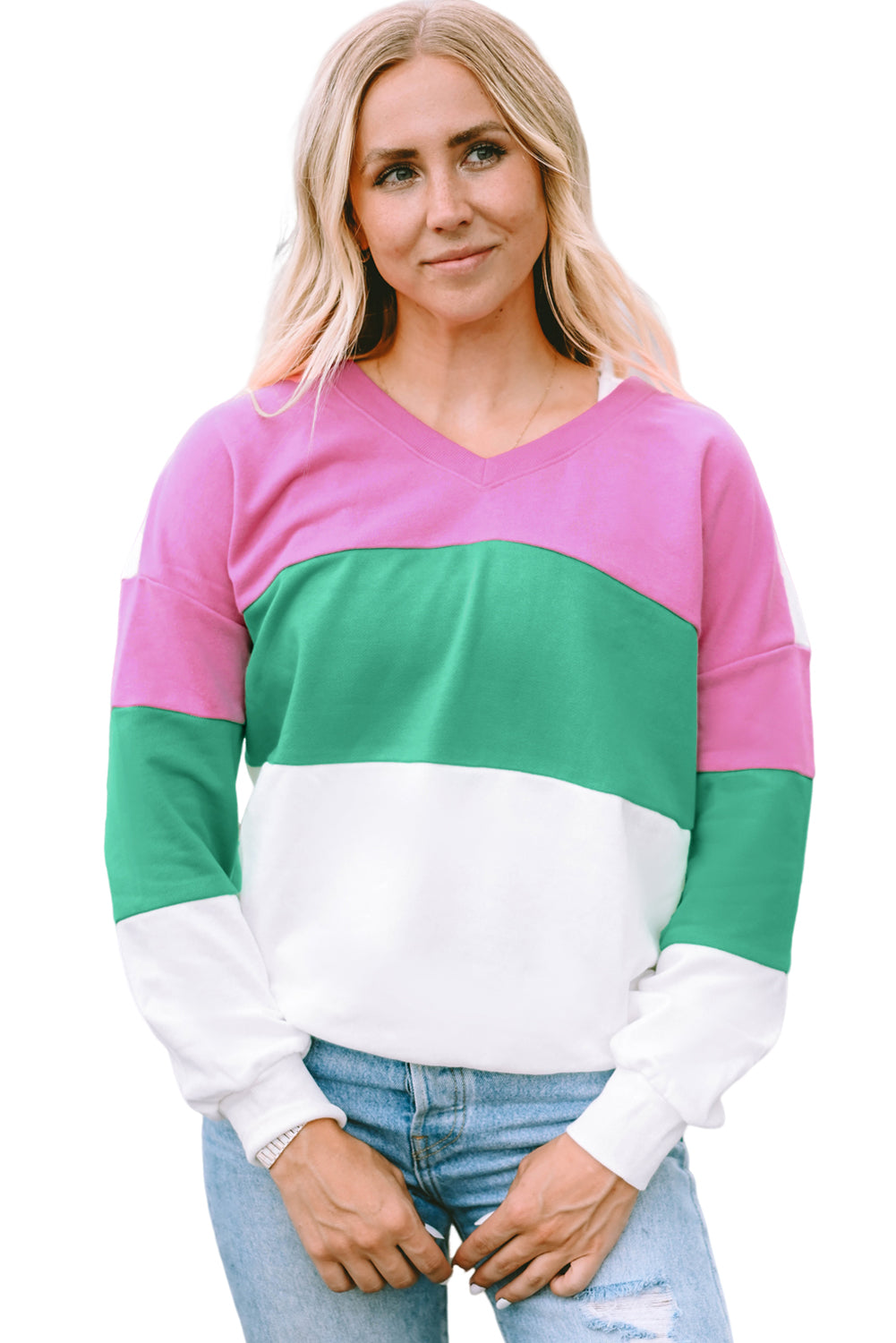 Ribbed V Neck Colour Block Patchwork Sweatshirt | Pink