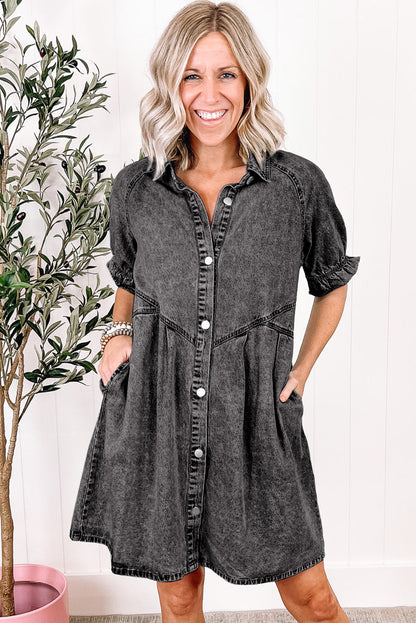 Mineral Wash Ruffled Short Sleeve Buttoned Denim Dress | Medium Grey