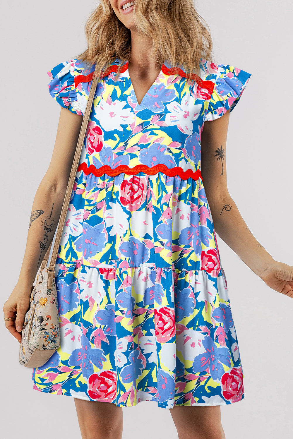 Sky Blue Floral Printed V Notched Ric Rac Flutter Sleeve Dress