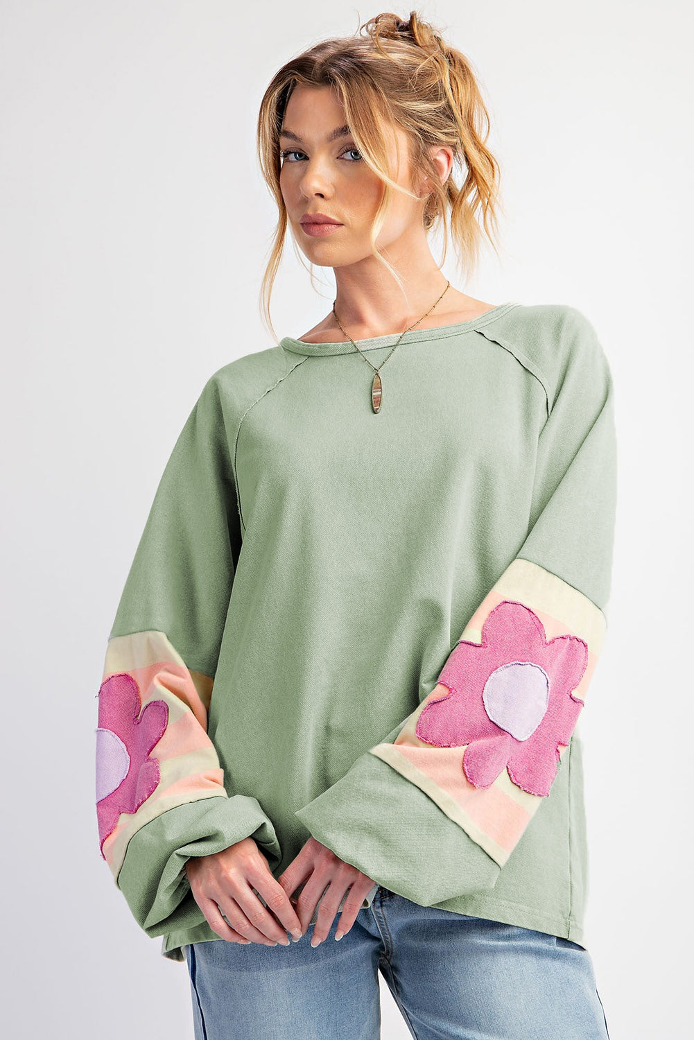 Flower Patchwork Raglan Sleeve Exposed Seam Oversized Top | Smoke Green