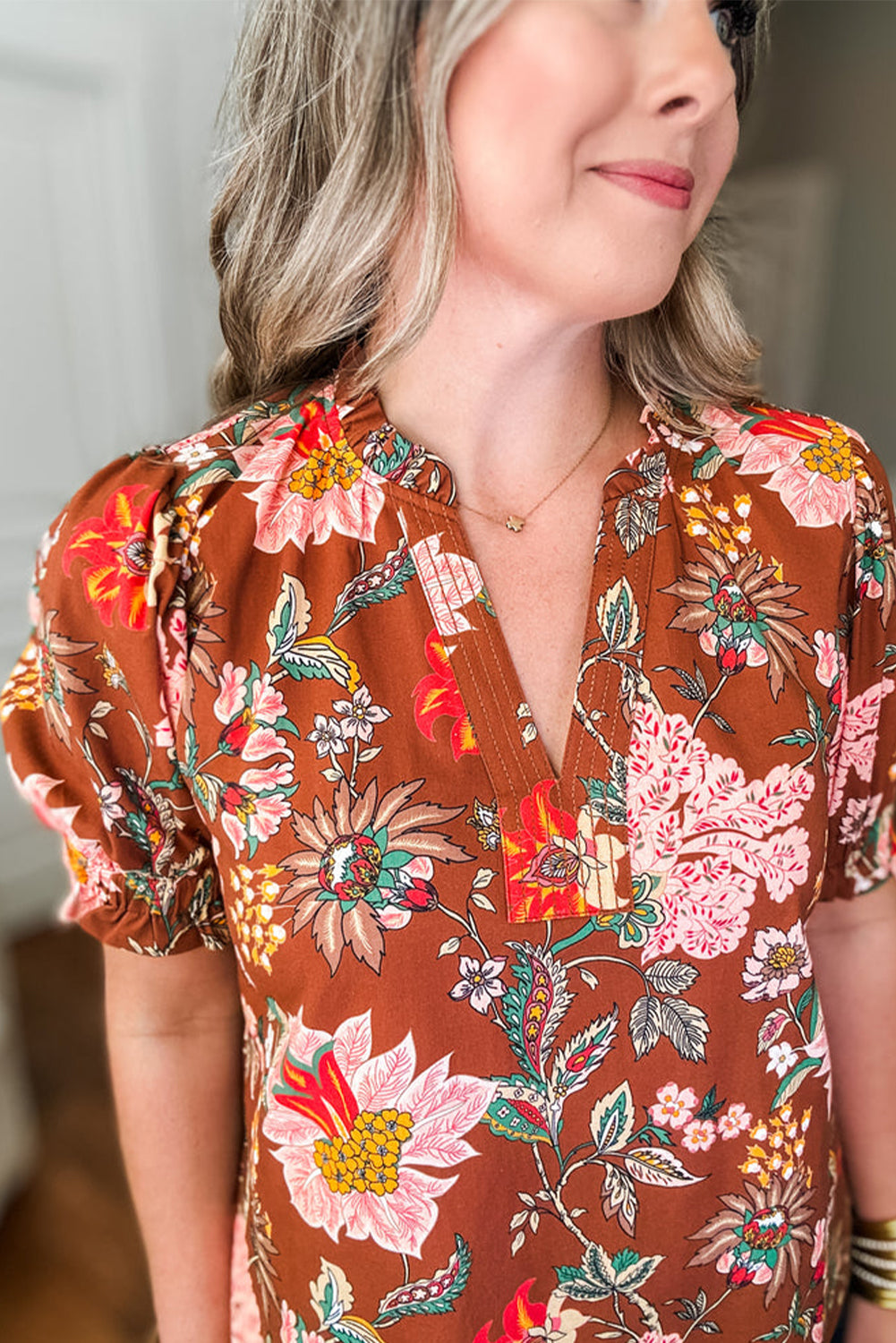 Floral Stitched V Neck Frilled Trim Puff Short Sleeve Blouse | Brown