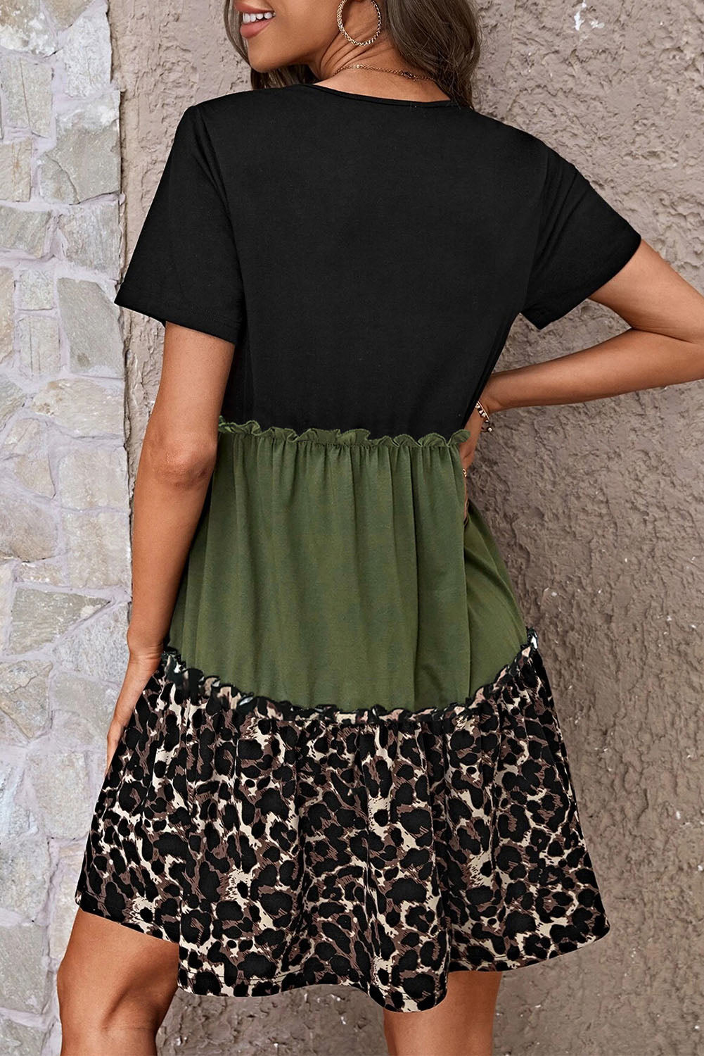 Leopard Print Colourblock Frill Trim T-Shirt Dress | Jungle Green