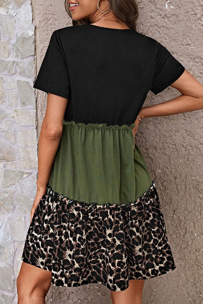 Leopard Print Colourblock Frill Trim T-Shirt Dress | Jungle Green