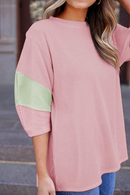 Colour Block Ribbed Knit Quarter Sleeve Top | Light Pink