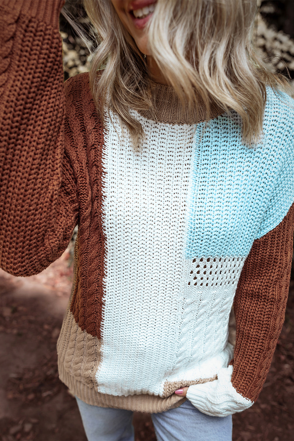 Mix Textured Knit Colourblock Patchwork Sweater | Khaki