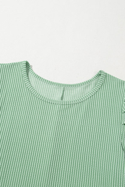 Corded Knit Crew Neck Puff Sleeve Shift Mini Dress | Mint Green