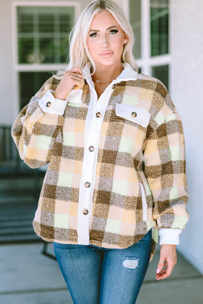 Plaid Sherpa Flap Pocket Shacket | Khaki