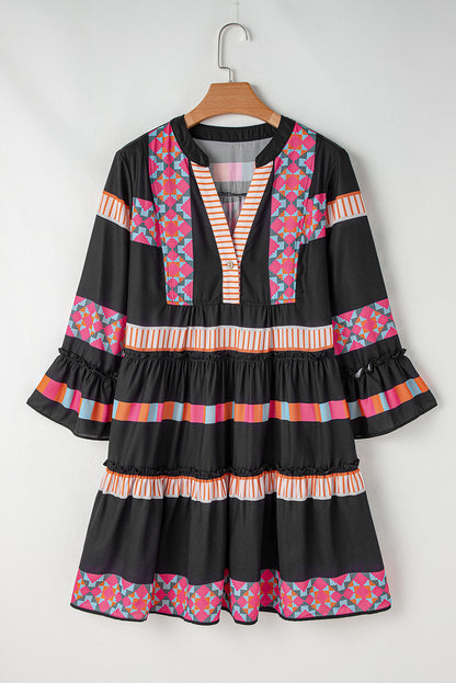 Ethnic Print Buttoned V Neck Bell Sleeve Ruffle Patchwork Dress | Black