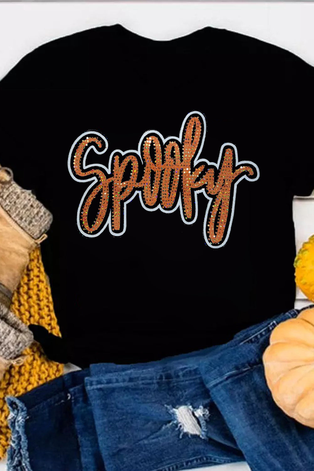 Spooky Rhinestone Crew Neck Graphic Tee | Black