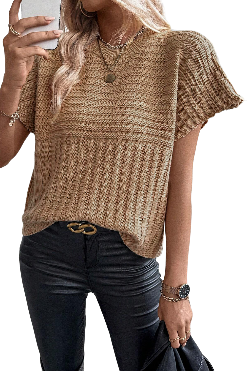 Rib Knitted Wide Sleeve Sweater T Shirt | Light French Beige