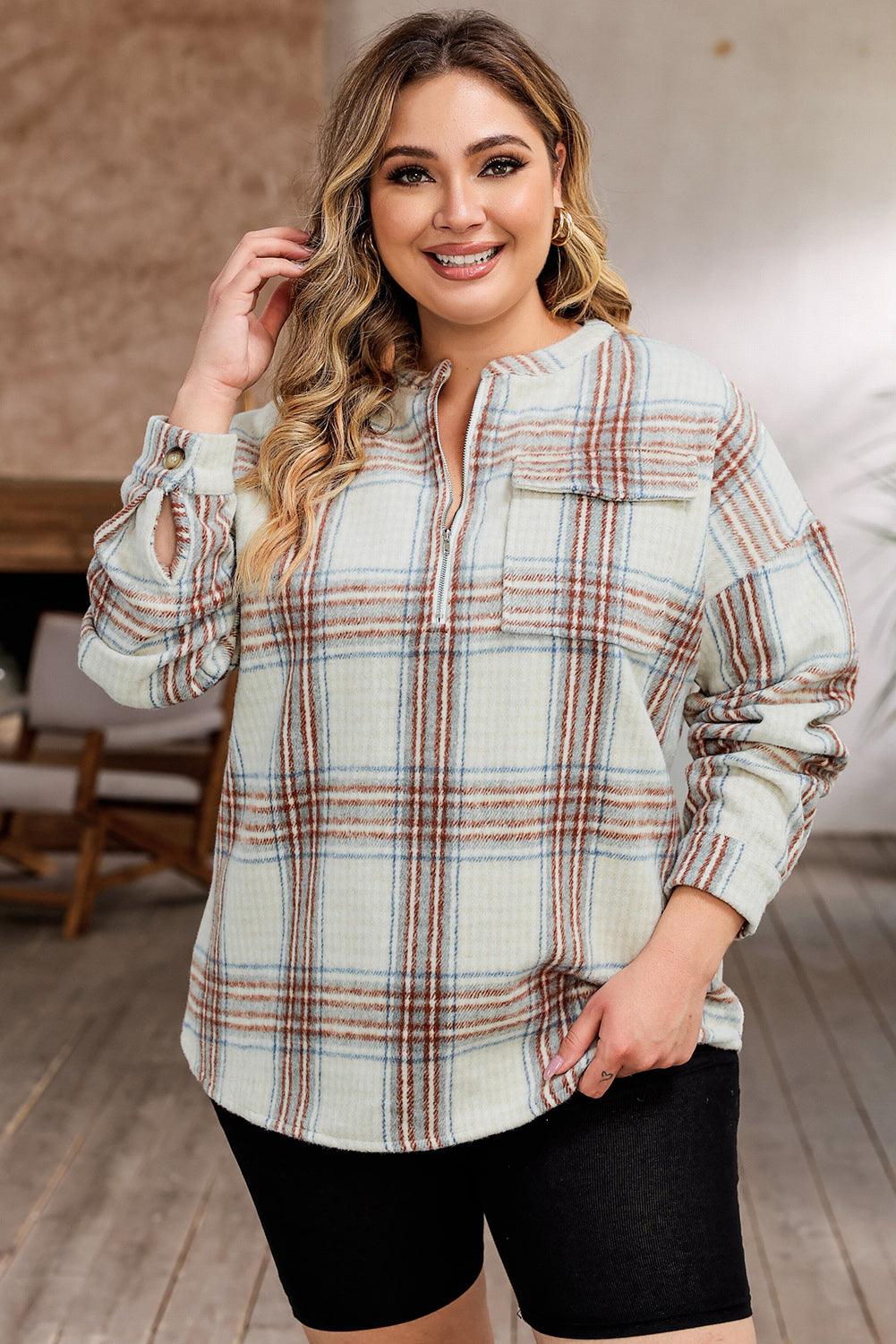 Beige Plus Size Plaid Half-Zipper Sweatshirt with Chest Pocket