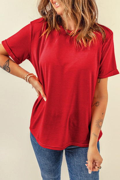 Casual Plain Crew Neck Tee | Red